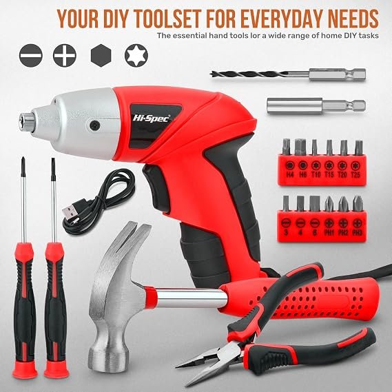 Hi-Spec 3.6V USB Small Power Screwdriver & Home DIY Tool Kit with Case, Red - Image 2
