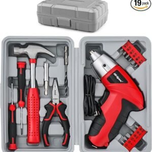 Hi-Spec 3.6V USB Small Power Screwdriver & Home DIY Tool Kit with Case, Red