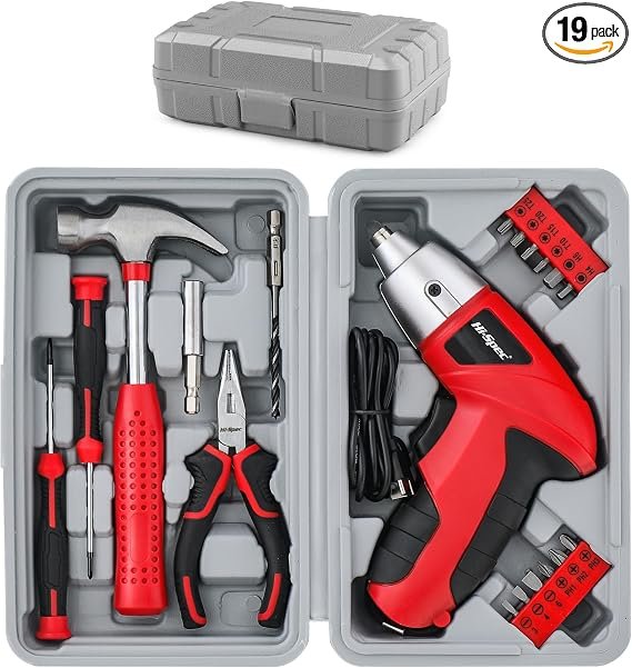 Hi-Spec 3.6V USB Small Power Screwdriver & Home DIY Tool Kit with Case, Red